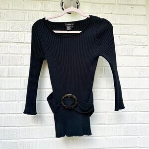 Y2K SARA I Black Ribbed Knit Top w/ Faux Belt